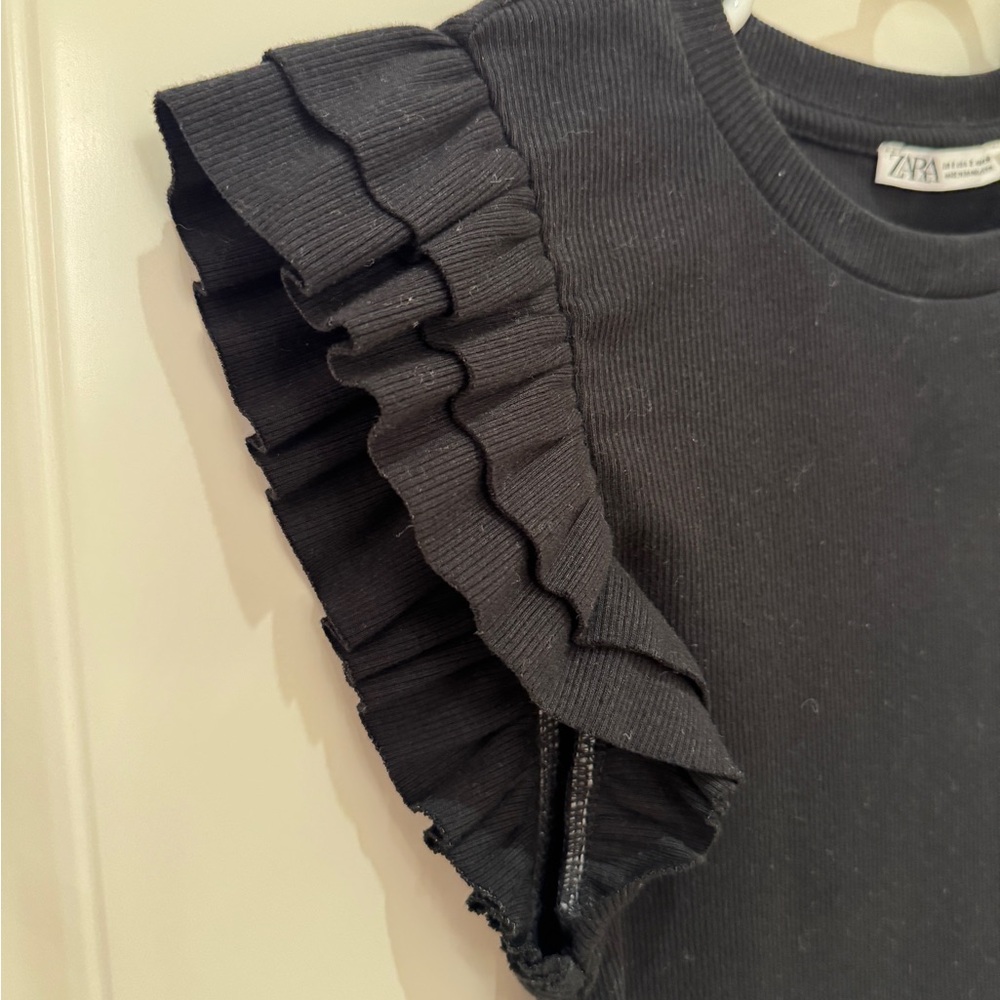 Zara Black Ruffle Sleeve Ribbed Top - Picture 4 of 7
